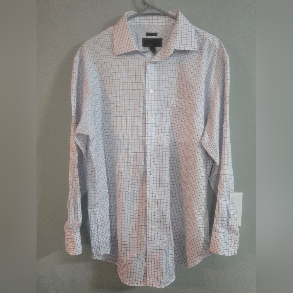 Jos A Bank Reserve Mens 16.5-33 White Blue Brown Plaid Reserve Long Sleeve